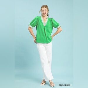Umgee French Terry Ruffle Trim Puff Sleeve Top Green S M L🛍️